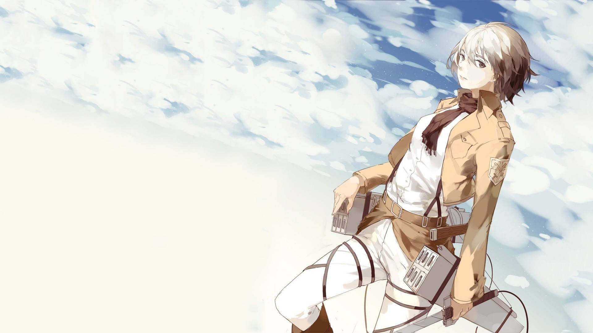 動畫士兵身穿棕褐色制服和裝備，背景為陰天天空
