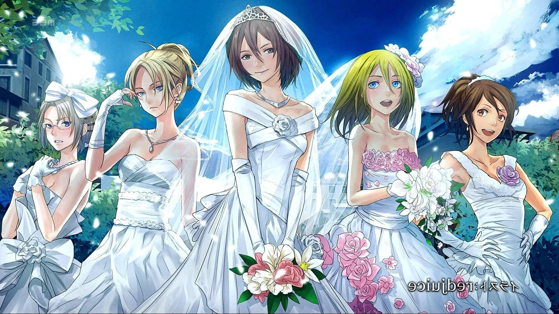 五位身穿白色婚紗的動漫新娘，在藍天下戶外手持花束。