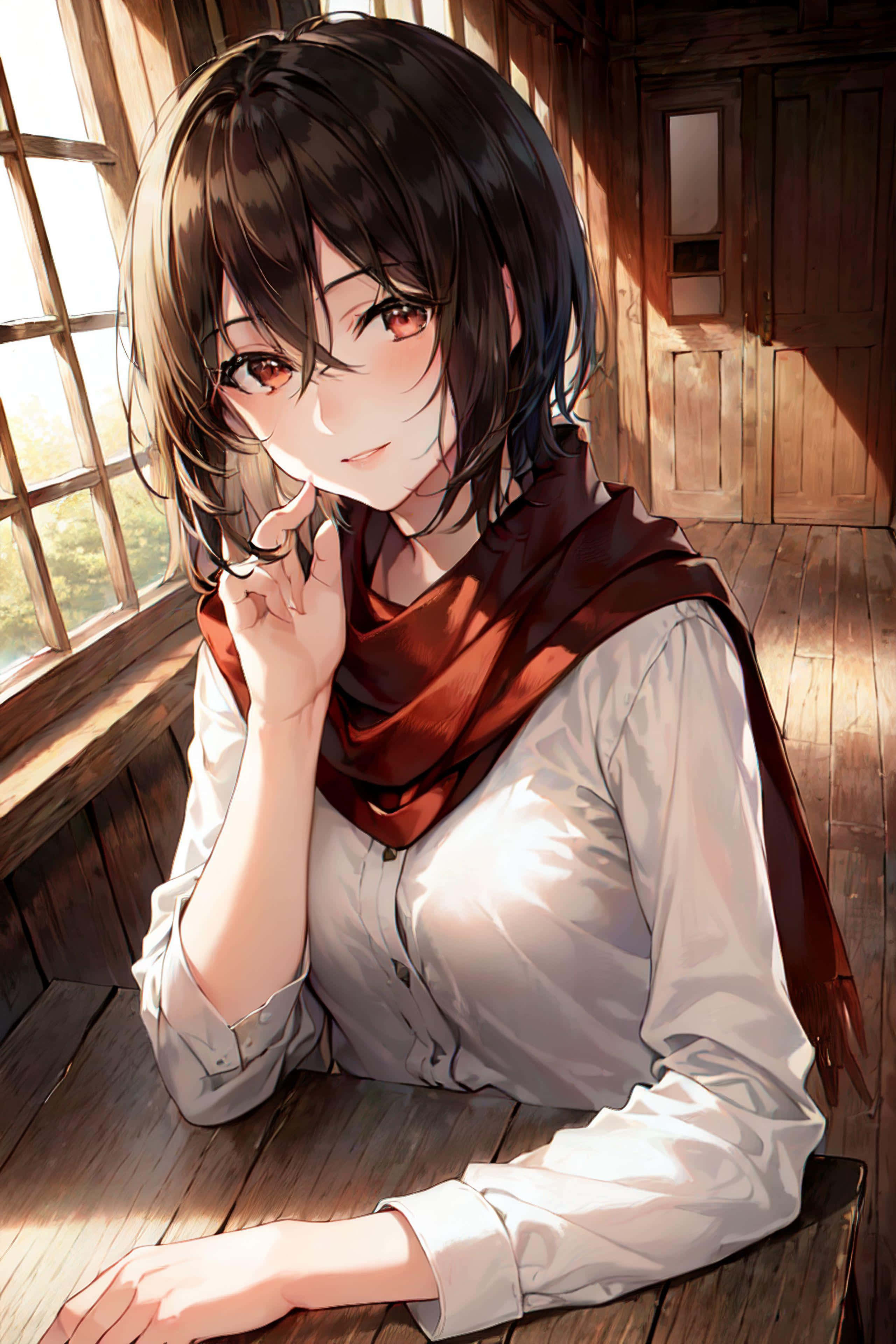 Mikasa 可愛頭像 壁紙 — 一位年輕的動漫女孩，棕色頭髮和紅色眼睛，坐在木屋陽光照射的窗邊，溫柔地微笑。