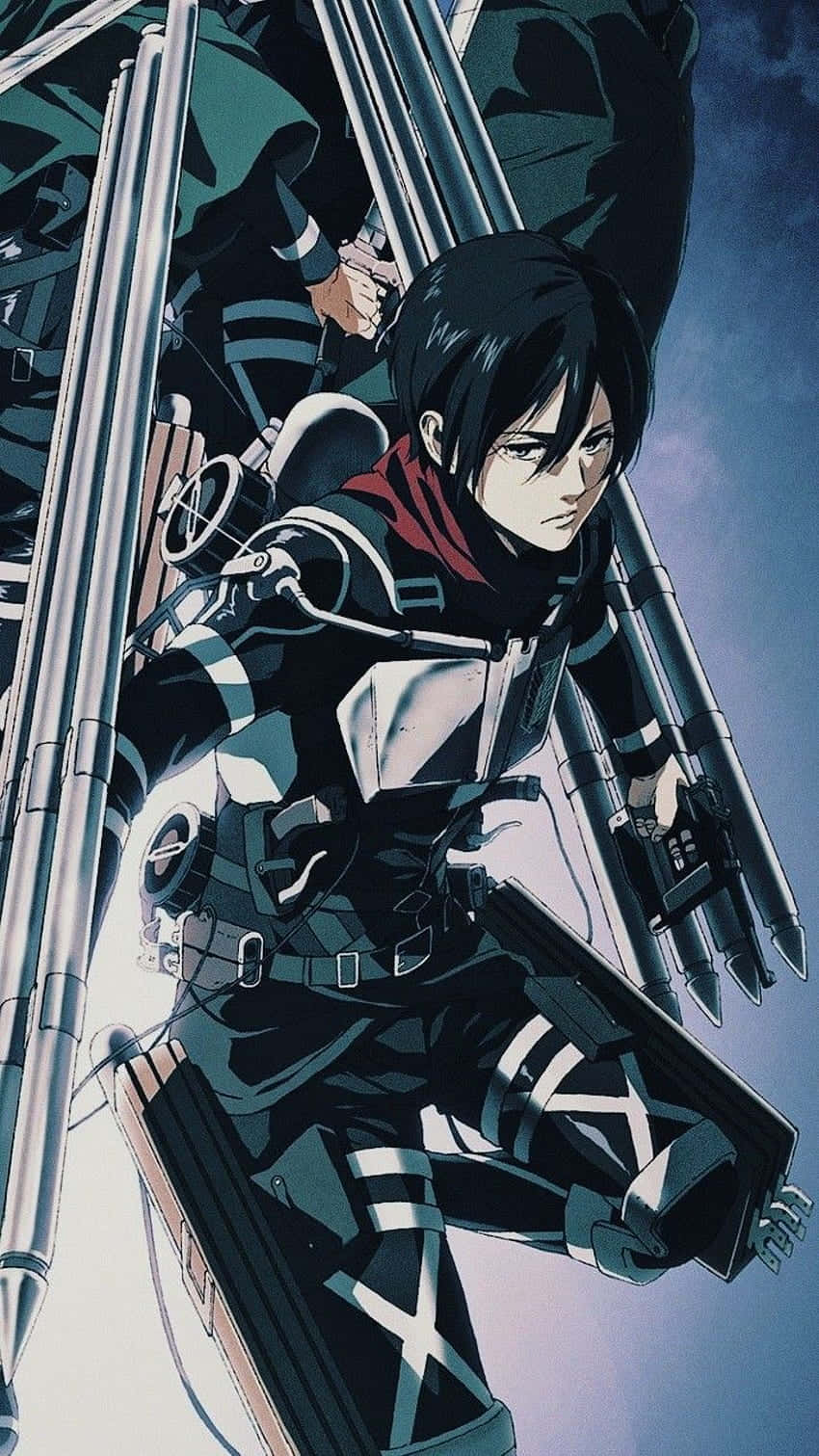 Mikasa 手機頭像壁紙 壁紙 — 一個堅定的動漫士兵穿著立體機動裝置，在暴風雨的天空下緊握武器。