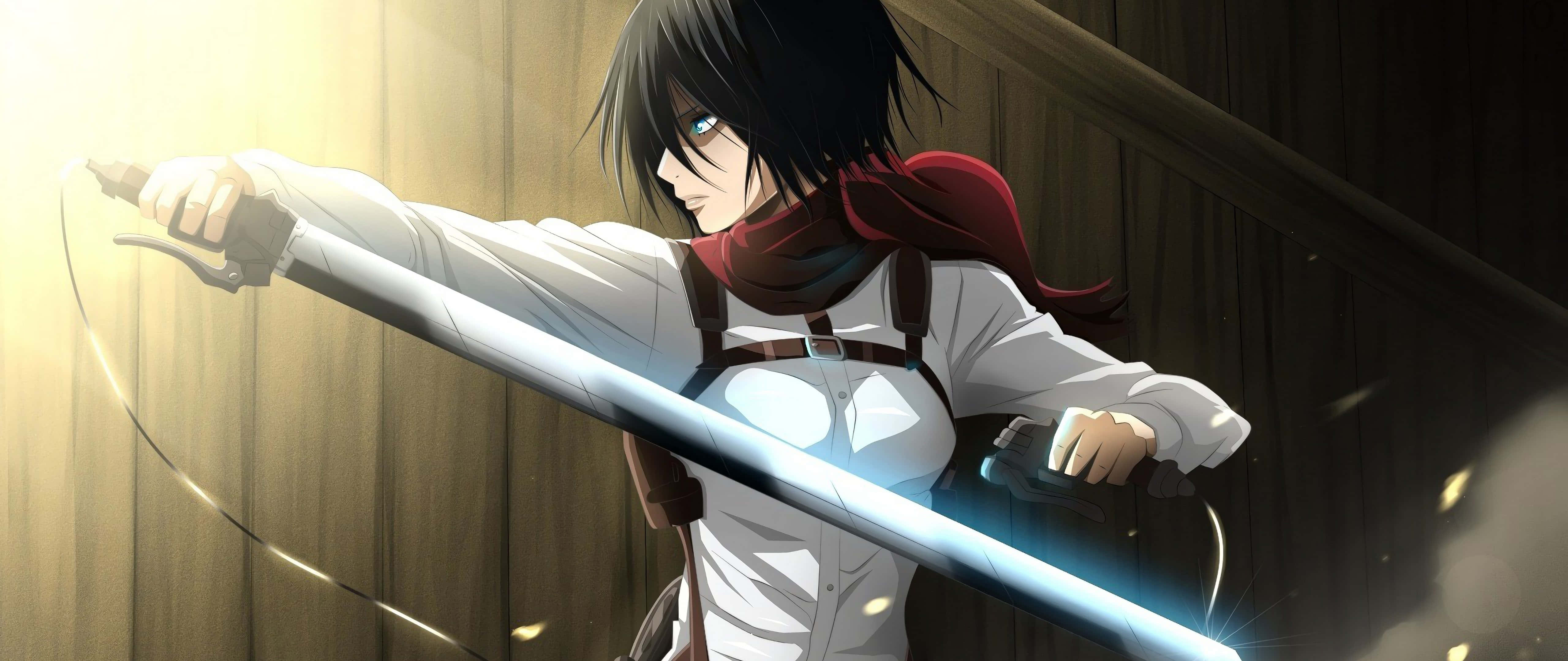 Mikasa 持刀頭像 壁紙 — 一位黑髮紅圍巾的動漫戰士在充滿溫暖光線的木屋中揮舞著發光的劍。
