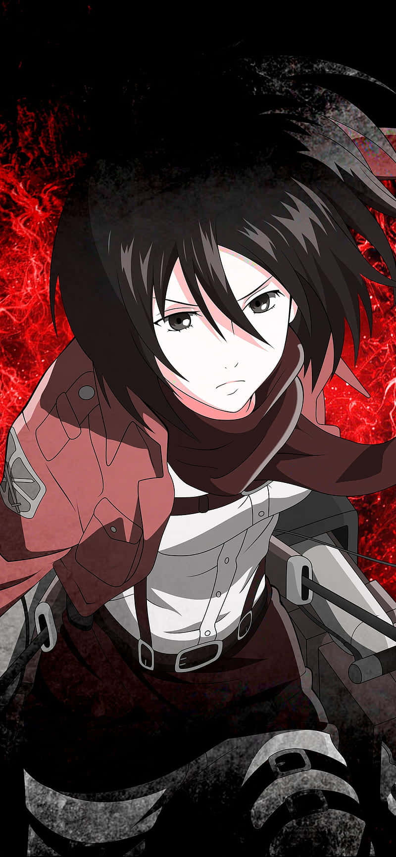 Mikasa 攻擊姿態頭像 壁紙 — 一位決心堅定的動漫戰士，黑髮紅圍巾，身穿戰術裝備，站在火紅背景前。