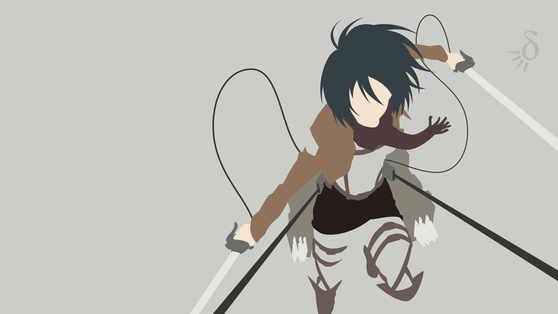 Mikasa 素描線條頭像 壁紙 — 一個深色頭髮的動漫角色在純灰色背景上動態地盪著繩索。