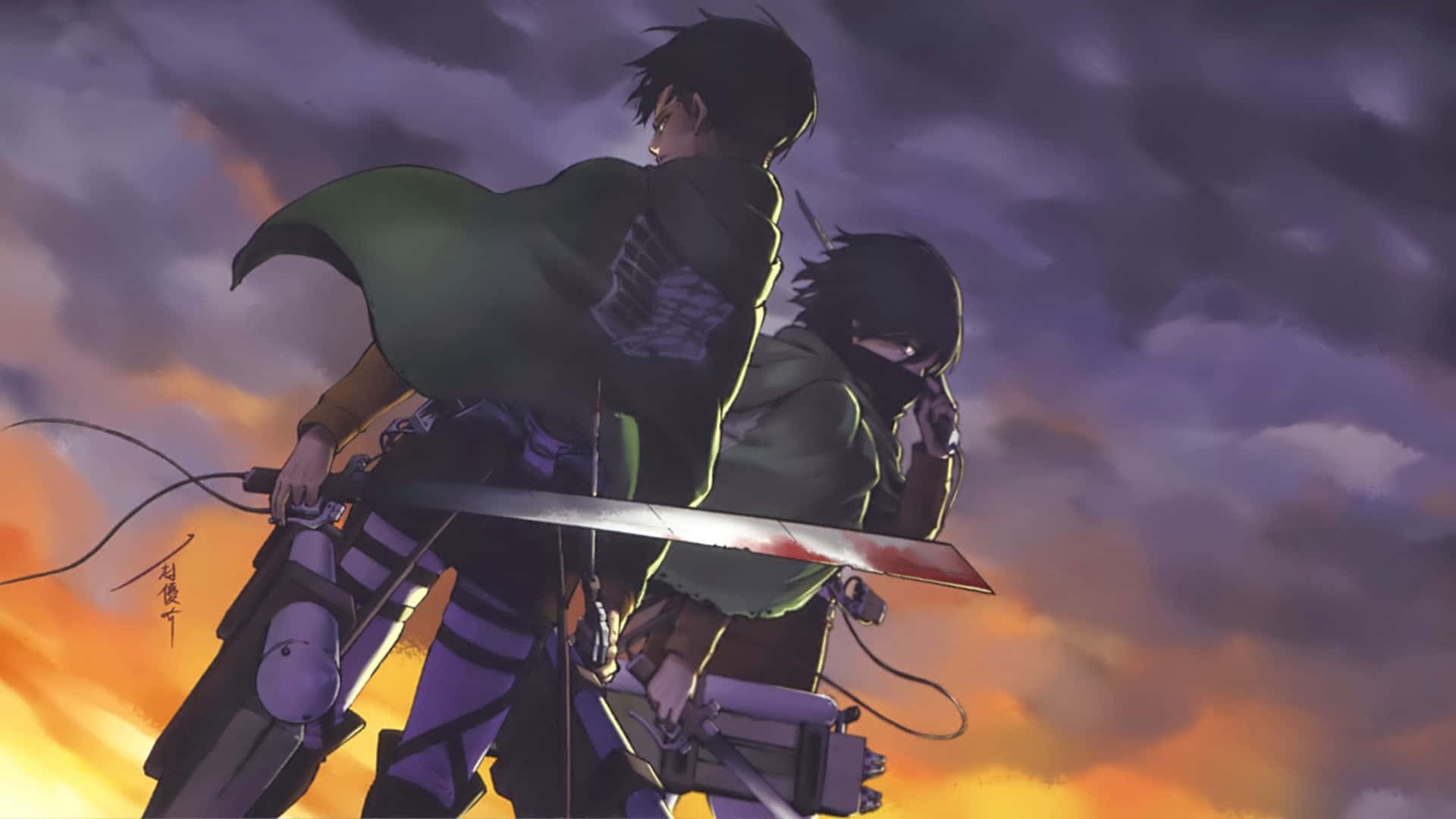 Mikasa 與 Levi Ackerman 夕陽天空頭像 壁紙 — 兩個身穿綠色斗篷的動漫戰士背靠背手持劍，映襯著熾熱的夕陽天空。