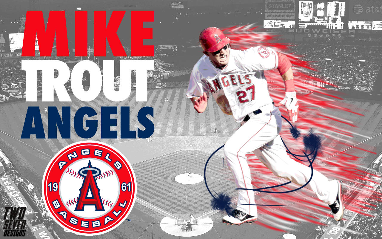 Mike Trout 洛杉磯天使隊棒球 壁紙 — 身穿天使隊球衣的棒球選手 Mike Trout 在球場上動態衝刺，帶有紅色運動軌跡和醒目的球隊品牌標識。