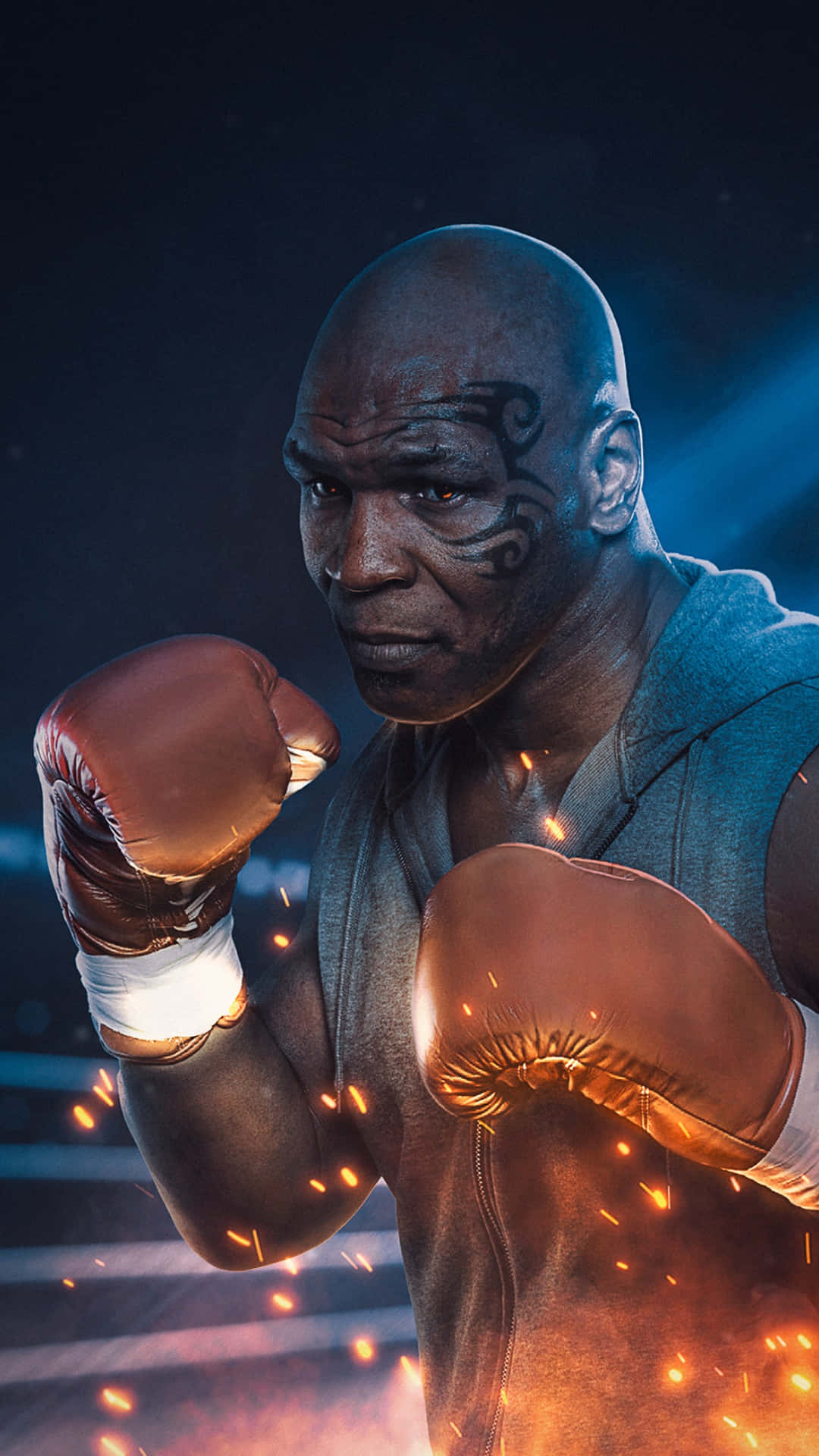 mike tyson 桌布 壁紙 — Mike Tyson 在拳擊擂台上專注地凝視，手套上火花四濺，背景是戲劇性的藍色和橙色燈光。