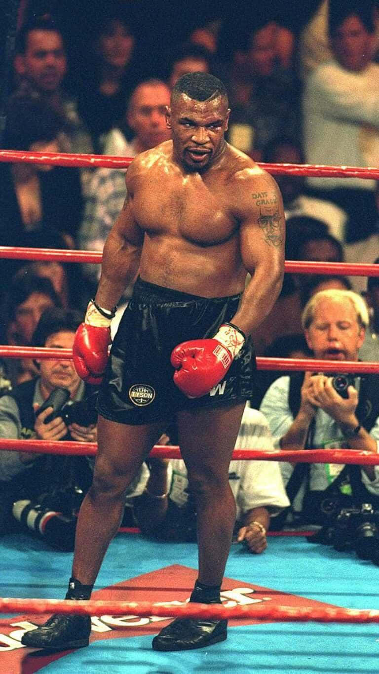 mike tyson 桌布 壁紙 — Mike Tyson 在拳擊比賽中戴上紅色手套和黑色短褲，表情兇狠地站在擂台上。