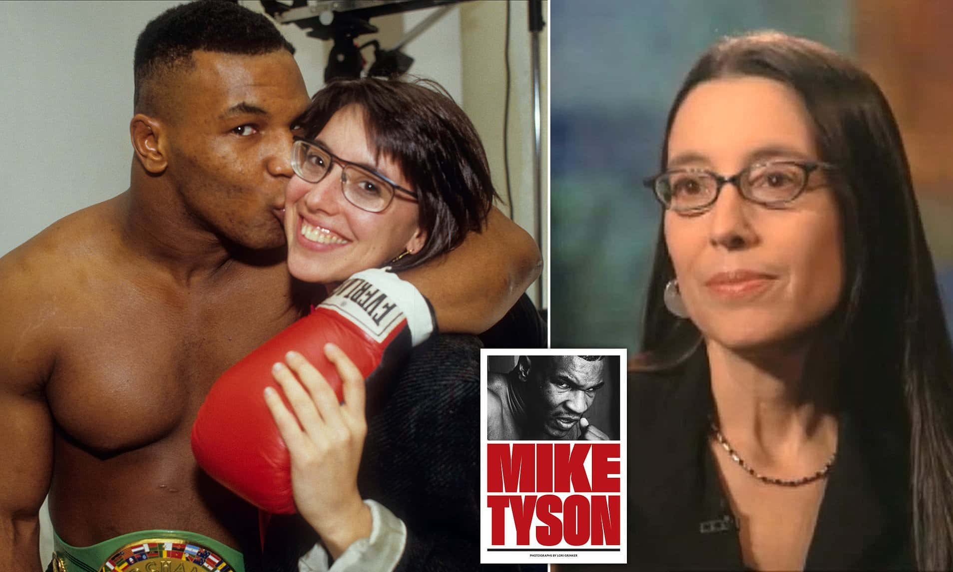 mike tyson 桌布 壁紙 — Mike Tyson 親吻一位微笑的女子，她正拿著他的紅色拳擊手套，而另一幅肖像則展示一位戴眼鏡、深色頭髮的女子。