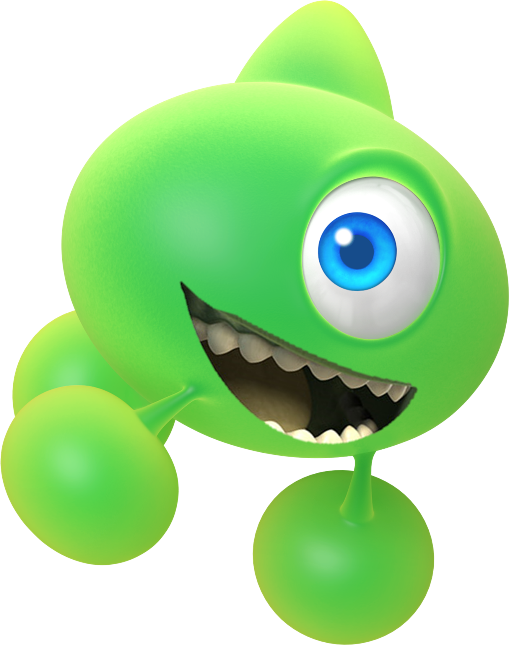 Mike Wazowski 微笑角色圖像 壁紙 — 一隻明亮的綠色獨眼卡通怪物，咧嘴露出寬闊的牙齒笑容，四肢短小，背景為黑色。
