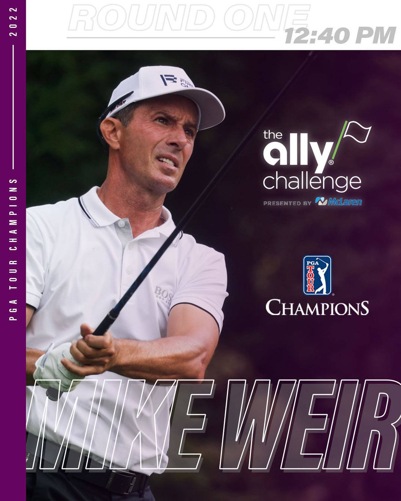 Mike Weir 高爾夫比賽海報 壁紙 — 高爾夫球手Mike Weir在2022年Ally Challenge PGA巡迴賽冠軍賽事中，揮桿時極度專注。