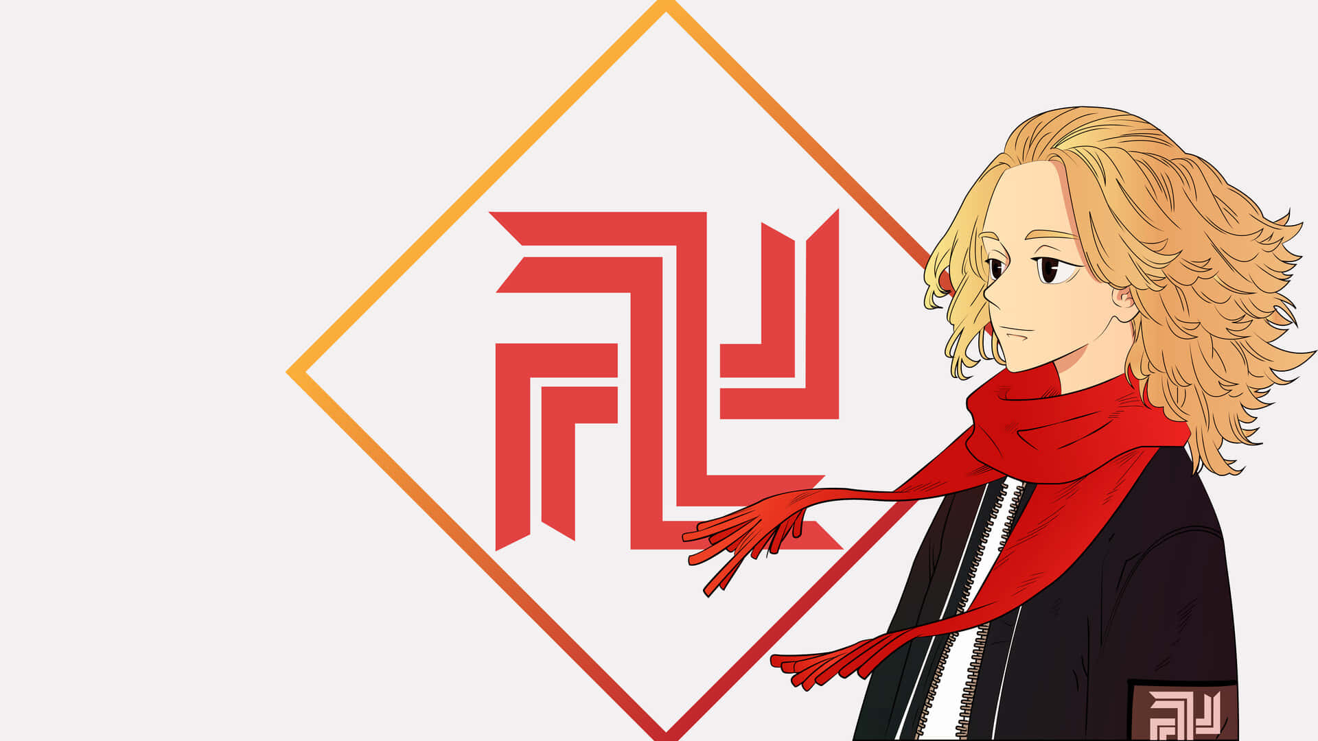 《東京卍復仇者》動畫中的Mikey 壁紙 — 金髮紅圍巾的動漫角色向鑽石框內的紅色風格化標誌做手勢。