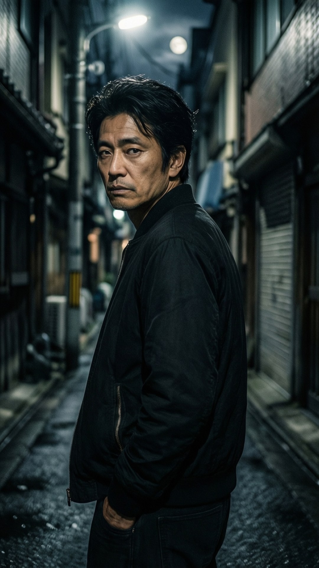 Mikey的冷酷眼神 壁紙 — 一個穿著黑色外套的男人站在昏暗的城市小巷中，街燈投射出戲劇性的陰影。