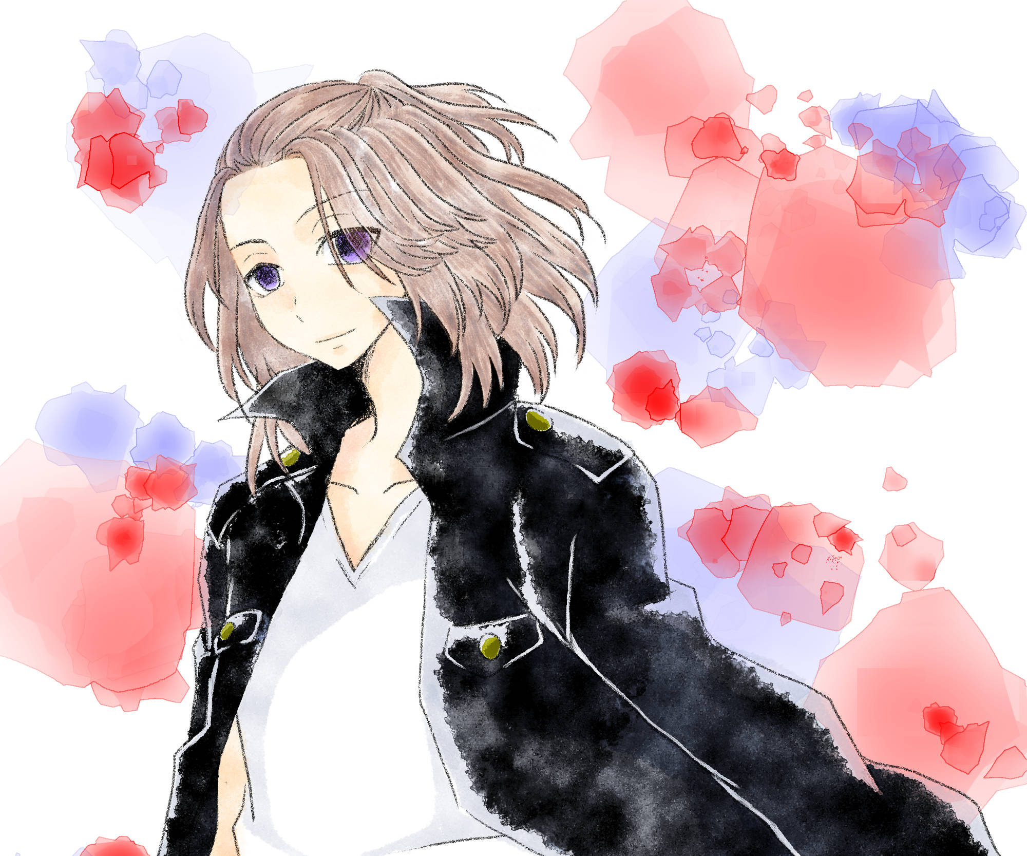 Mikey《東京卍復仇者》彩色同人畫 壁紙 — 紫眼棕髮動漫女孩穿著黑色夾克，背景為抽象紅藍水彩。