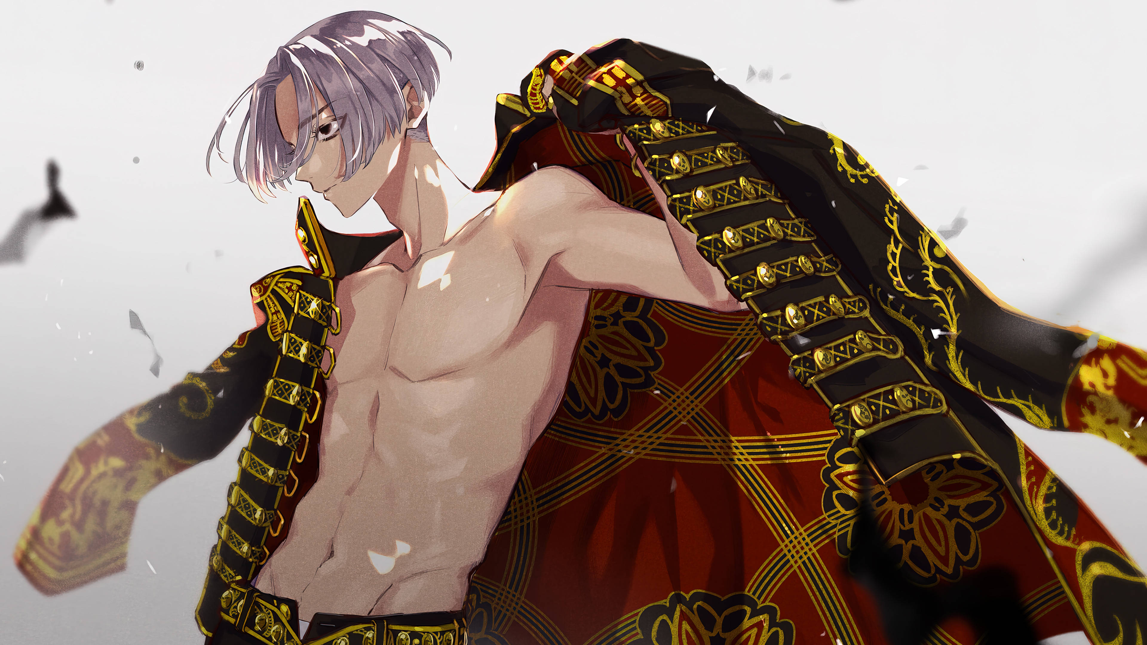 Mikey《東京卍復仇者》性感外貌 壁紙 — 一個肌肉發達的動漫銀髮男子，穿著華麗的紅金相間外套，背景是純白色，漂浮著碎片。