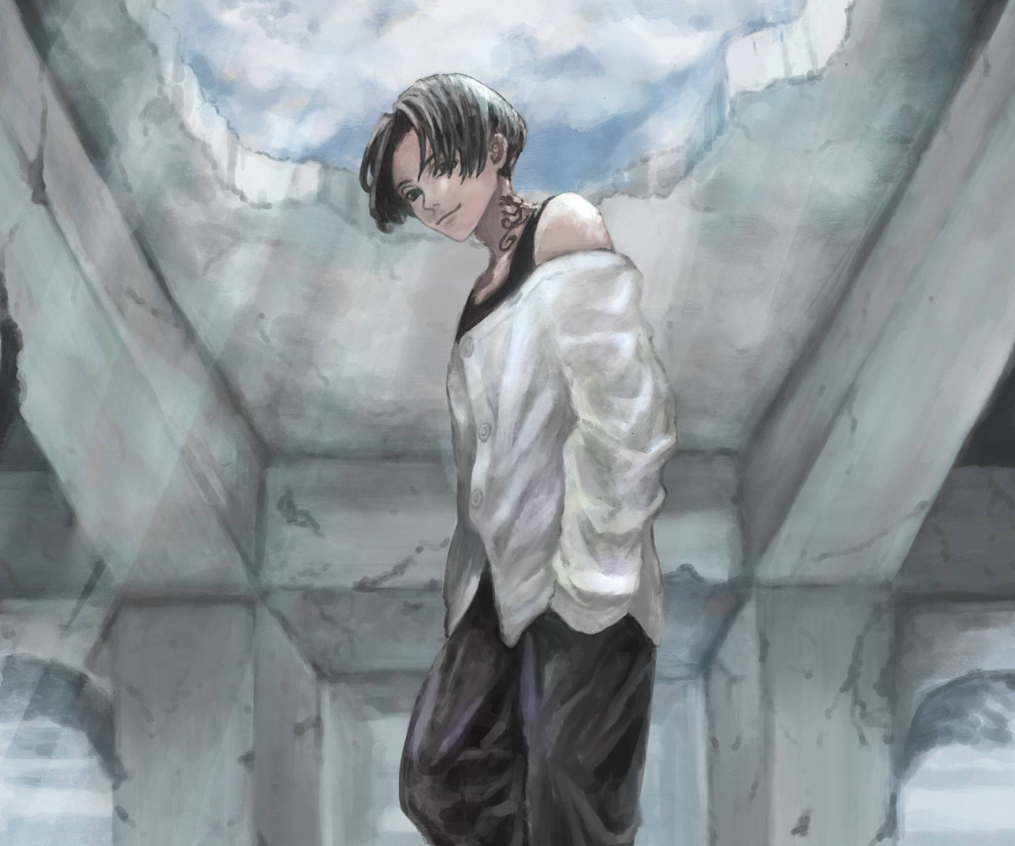 Mikey《東京卍復仇者》陽光下 壁紙 — 一個年輕的動漫角色，短髮並有紋身，站在破碎的混凝土結構中，天空多雲。