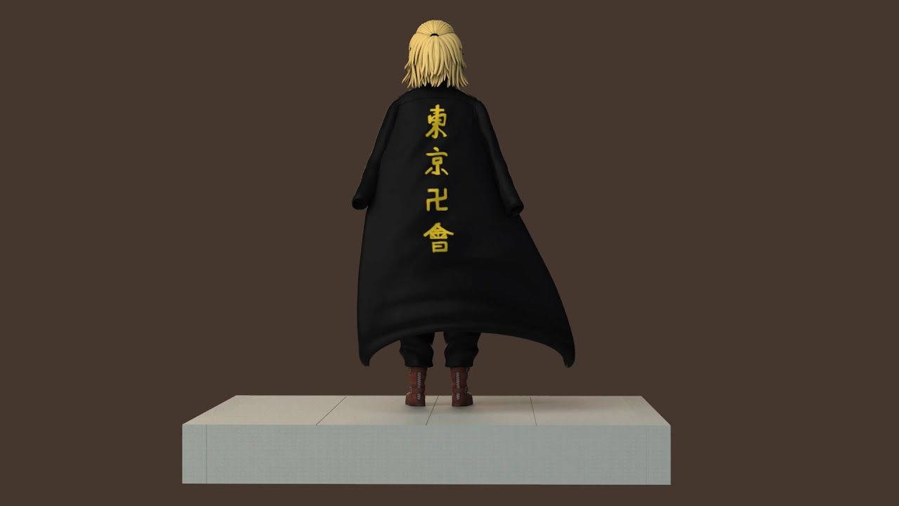 Mikey《東京復仇者》3D模型 壁紙 — 金髮黑斗篷帶金色漢字的動漫人物站在棕色背景的底座上。
