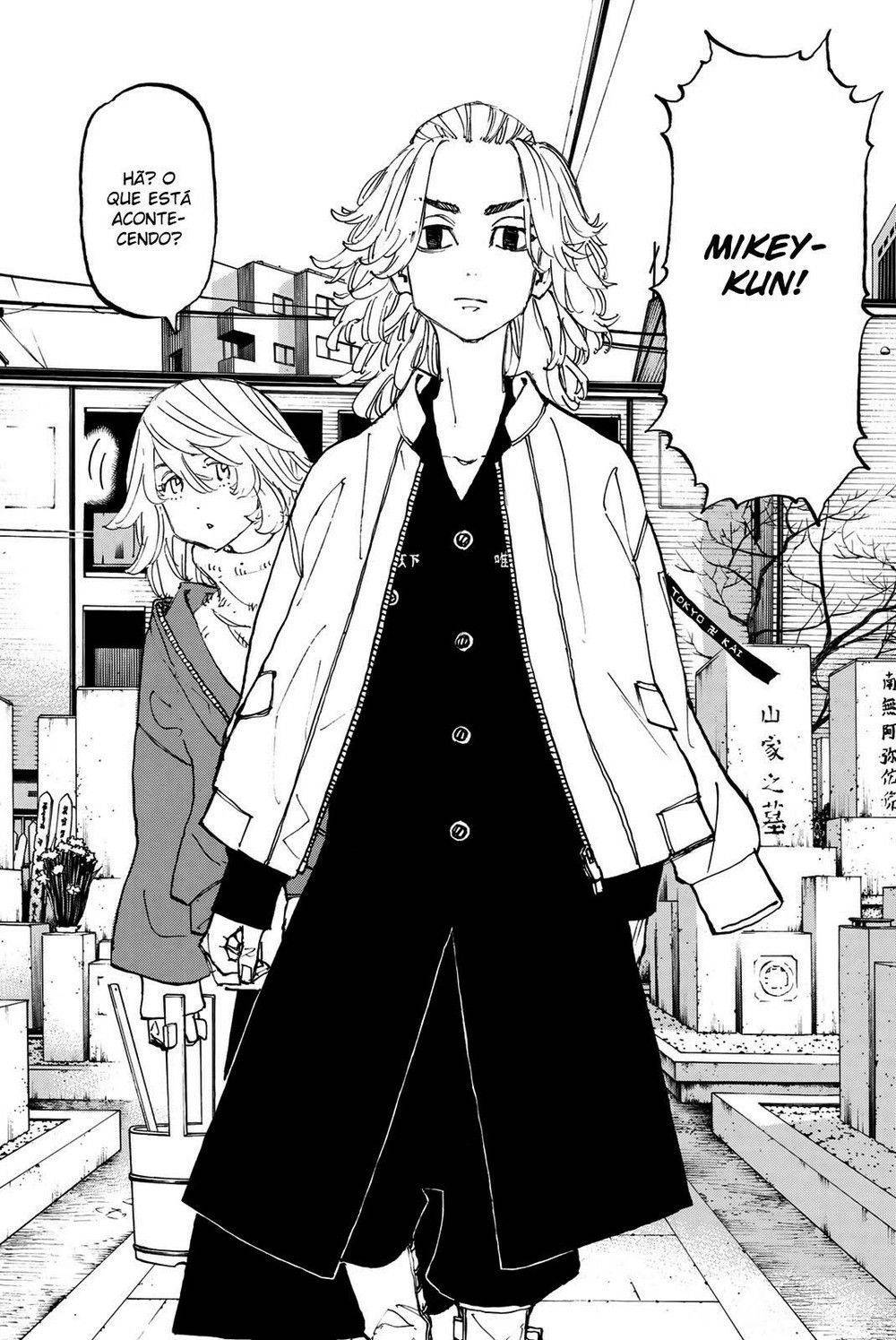 Mikey《東京復仇者》漫畫角色 壁紙 — 兩個動漫角色站在墓地，對話框問和呼叫名字。