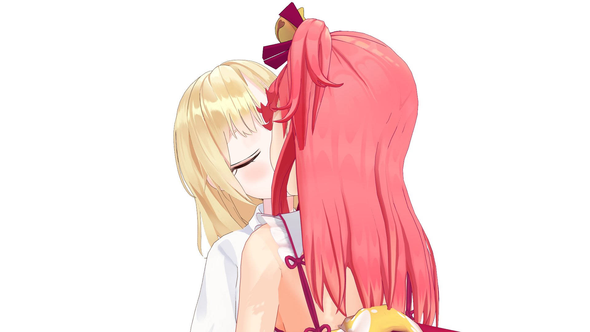 MikoAme 女孩親吻藝術 壁紙 — 兩個動漫女孩在純白背景前溫暖擁抱，一個金髮，一個粉紅髮。