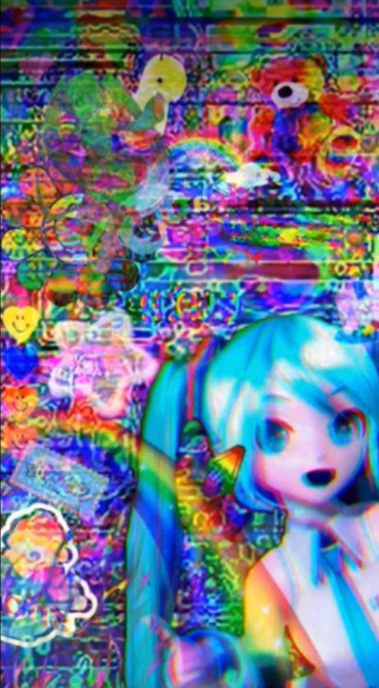 藍色頭髮的動漫女孩在一個由玩具和符號組成的故障數位藝術拼貼畫中。