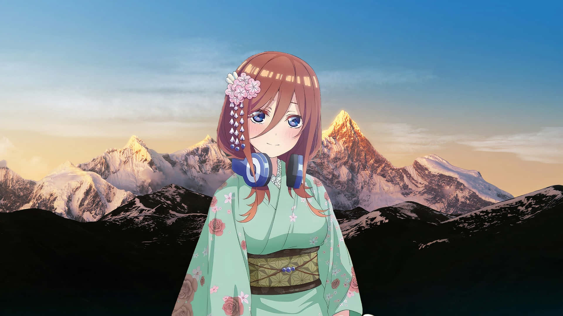 穿著花卉和服、戴著耳機的動漫女孩，以雪山為背景，在夕陽下。