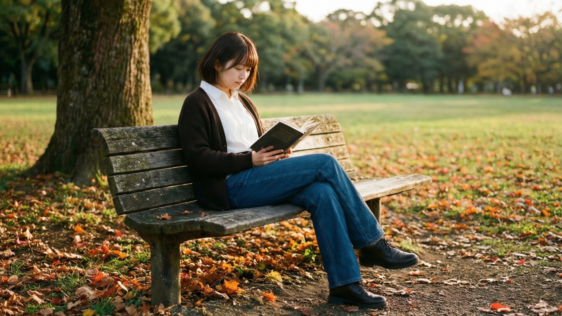 年輕女性在公園長椅上閱讀，周圍是秋葉