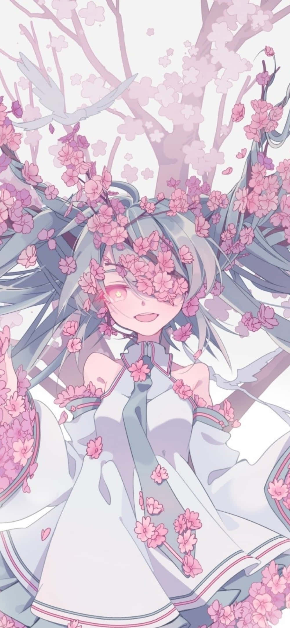 櫻花Miku擁抱櫻花季 壁紙 — 一位微笑的動漫女孩，擁有灰色長髮和粉紅色眼睛，站在盛開的櫻花樹下，花瓣以柔和的粉彩色調在她周圍旋轉。