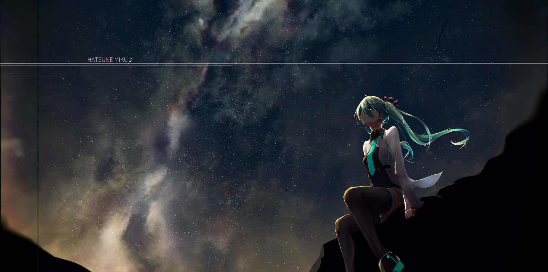 動漫角色初音未來坐在懸崖上，星空夜空下。