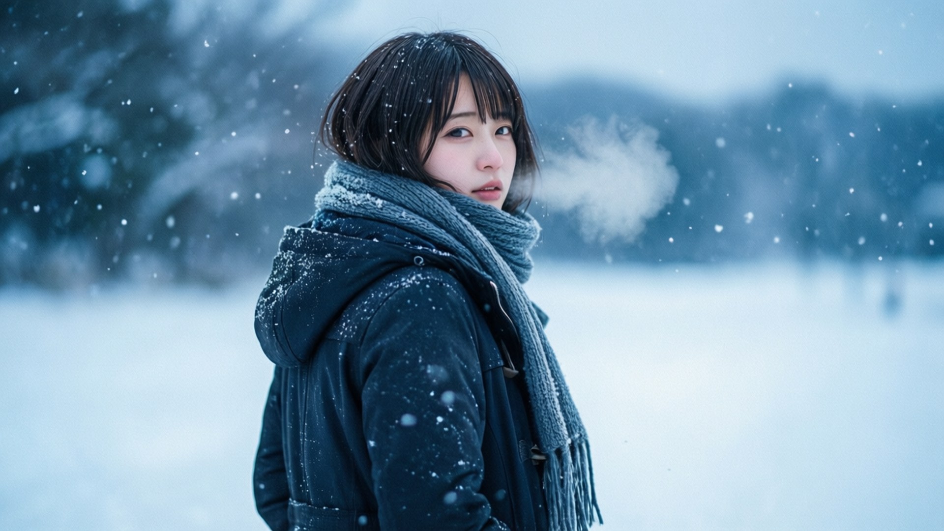 年輕女子穿著外套和圍巾站在雪地裡，在寒冷的冬日空氣中呼氣