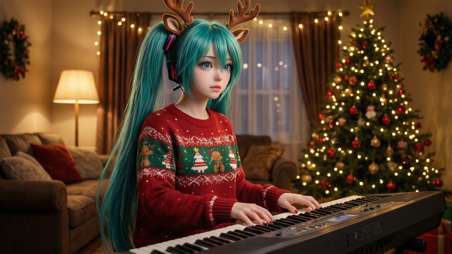 Miku的聖誕Jam歌 壁紙 — 動漫女孩，擁有青綠色頭髮和馴鹿角，在舒適的聖誕客廳中彈奏鍵盤，客廳有裝飾好的聖誕樹和燈串。