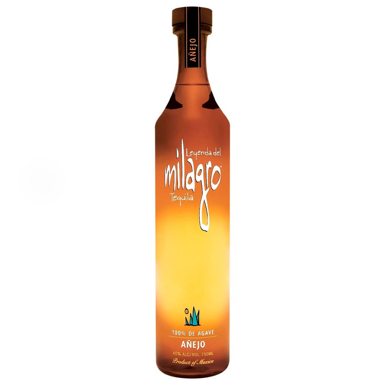 一瓶帶有日落漸變標籤的Leyenda del Milagro Añejo龍舌蘭酒。
