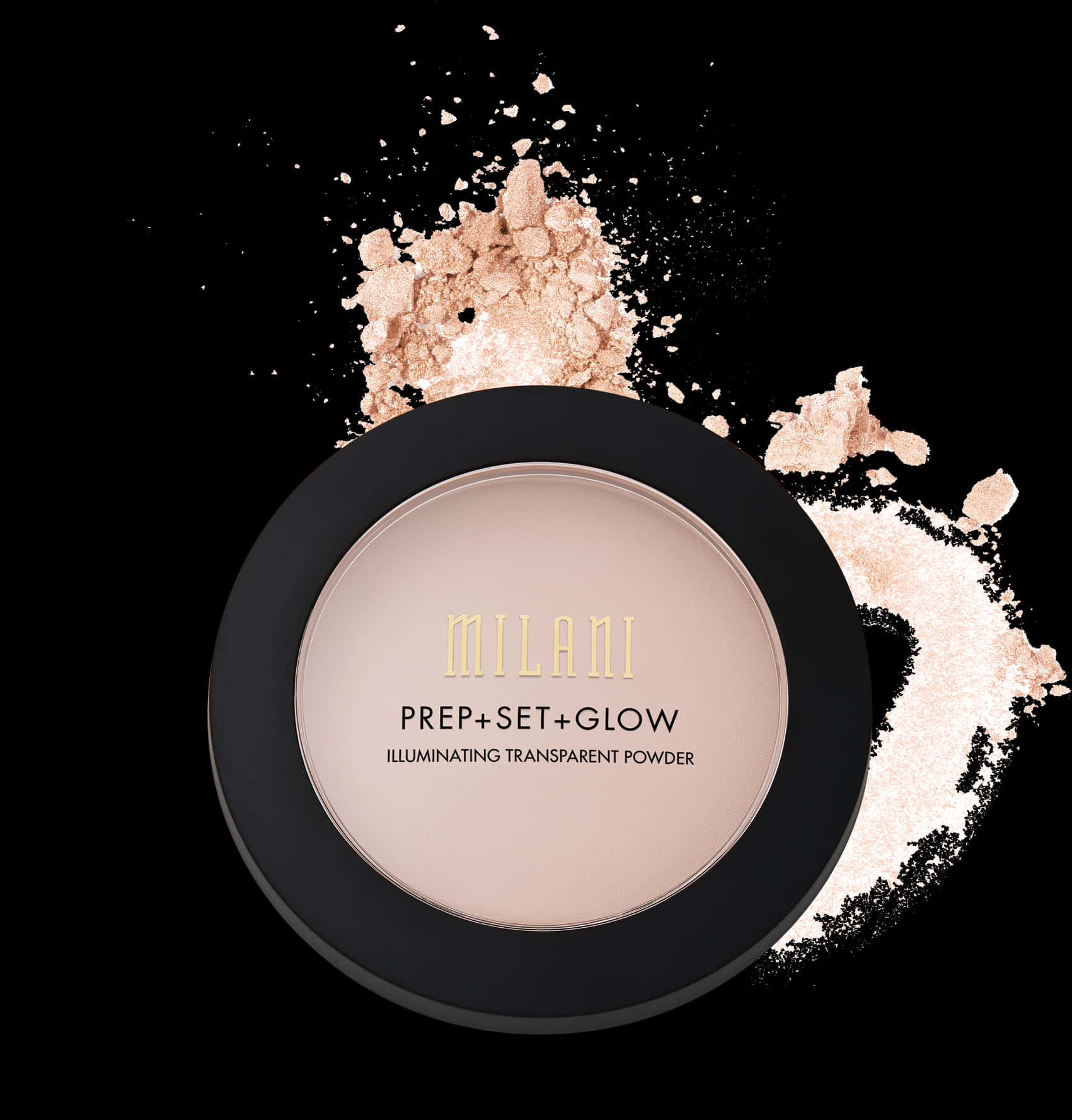 Milani Prep Set 璀璨粉餅 壁紙 — Milani Prep+Set+Glow 亮顏粉餅的黑色粉盒，金色閃粉在周圍爆炸，襯托在純黑背景上。