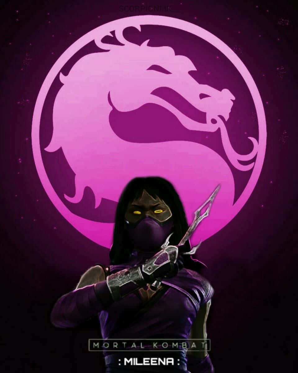 Mortal Kombat Mileena 桌布 壁紙 — Mileena 來自 Mortal Kombat，在星空下手持 Sai，對着發光的紫色龍徽章擺出姿勢。