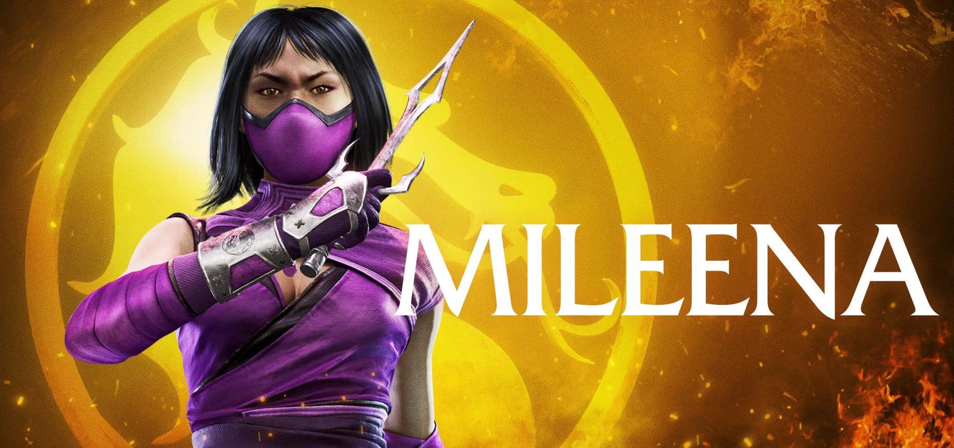 Mortal Kombat Mileena 桌布 壁紙 — Mileena 來自 Mortal Kombat，手持 sai，背景是火焰金色龍紋徽章。