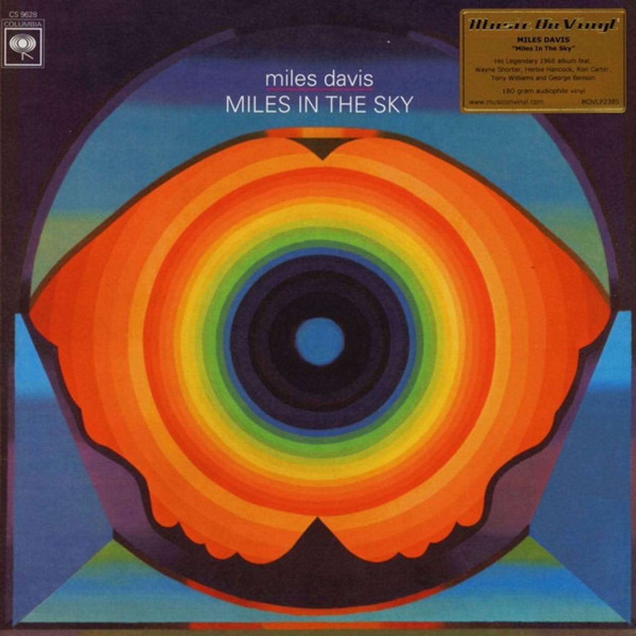 為 Miles Davis 專輯設計的藍色背景上帶有彩虹環的迷幻眼睛藝術。