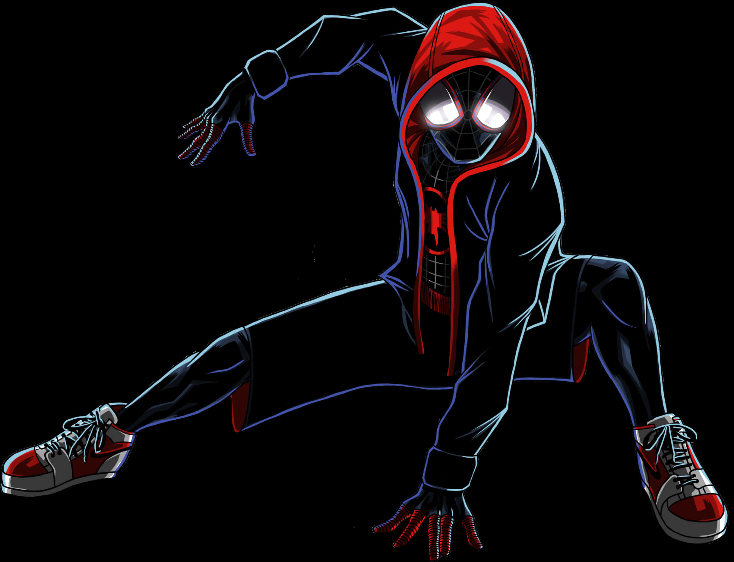 Miles Morales 蜘蛛人蹲伏姿勢 壁紙 — 蜘蛛俠穿著紅色連帽服，在黑色背景上動態蹲伏，白色發光眼睛和藍色輪廓。