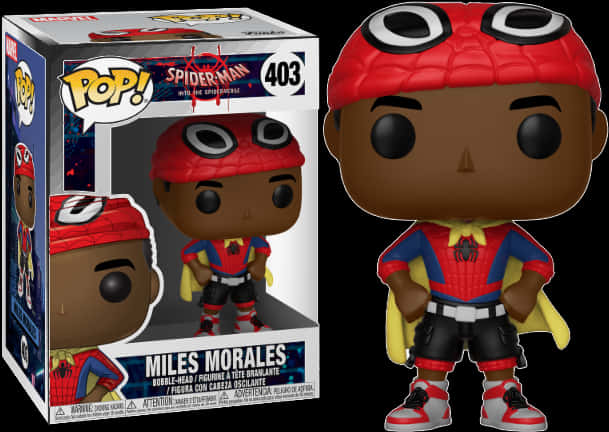 Miles Morales Funko Pop 玩偶 壁紙 — Miles Morales 飾演蜘蛛俠的 Funko Pop! 乙烯基人偶站在其色彩繽紛的收藏盒旁邊，盒子設計大膽，採用紅、藍、黃色。
