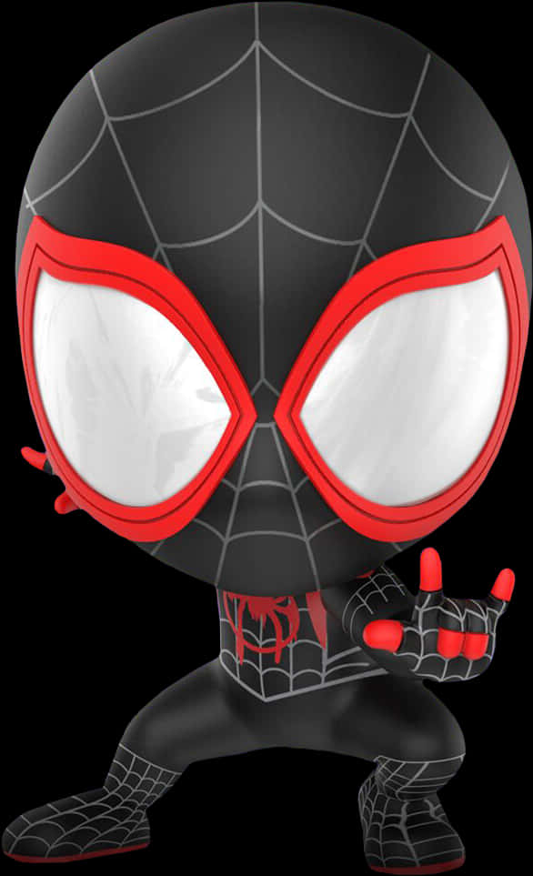Miles Morales 蜘蛛人造型 壁紙 — Q版蜘蛛俠身穿黑色戰衣配紅色點綴，在黑暗背景中蹲伏。