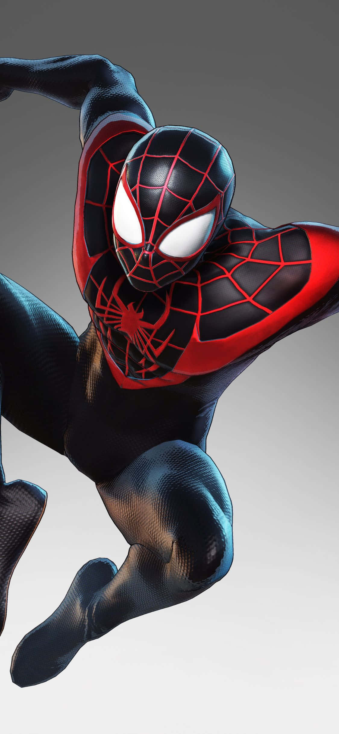 Miles Morales iPhone XS《漫威》背景 壁紙 — 身穿黑紅色戰衣的蜘蛛俠在灰色漸變背景前凌空擺出動感姿態。
