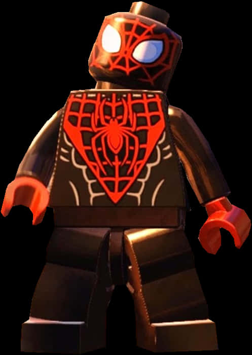 樂高 Miles Morales 蜘蛛人 壁紙 — 一個穿著黑色和紅色戰衣、眼睛發光的LEGO蜘蛛俠迷你人偶站在黑暗背景前。