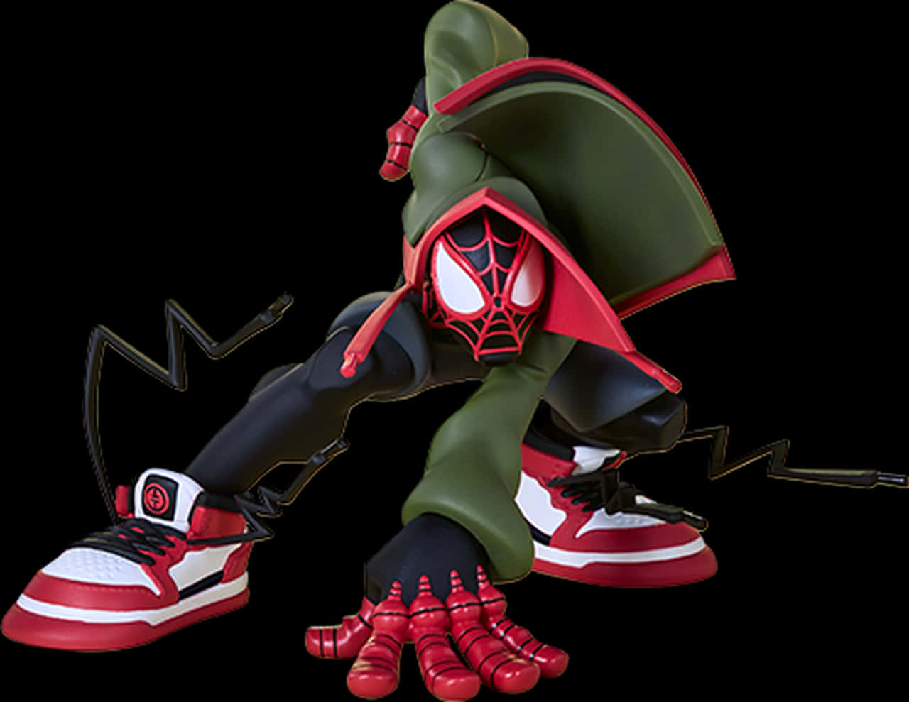 Miles Morales 蜘蛛人動作姿勢 壁紙 — 一個動態的蜘蛛俠人偶，身穿綠色連帽衫和紅色運動鞋，在黑色背景前蹲下，伸出蛛網發射器。