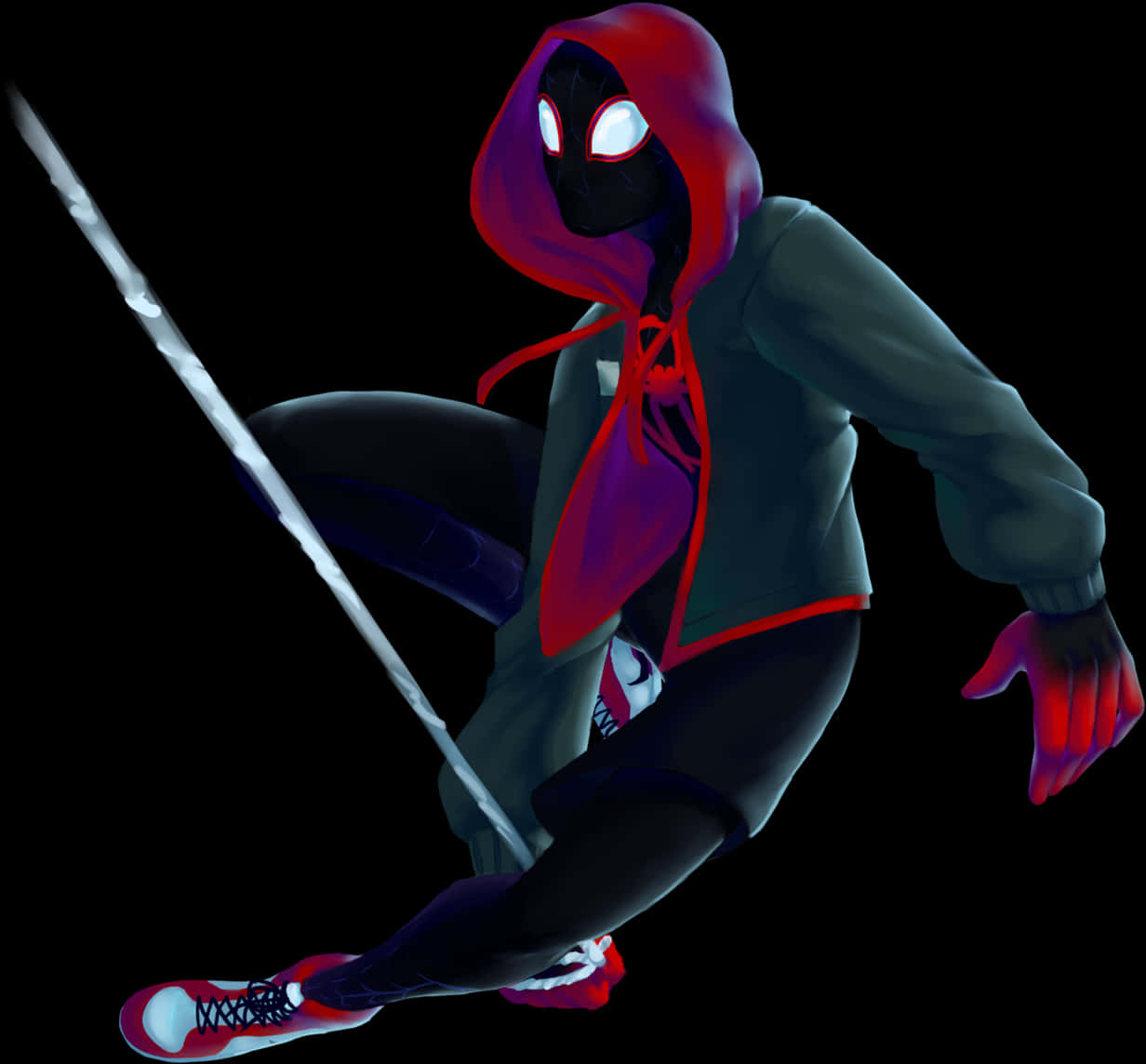 Miles Morales 蜘蛛人動作姿勢 壁紙 — 一個動漫風格的蜘蛛俠穿著紅色連帽衫，在黑色背景前蹲在半空中，手握蛛絲。