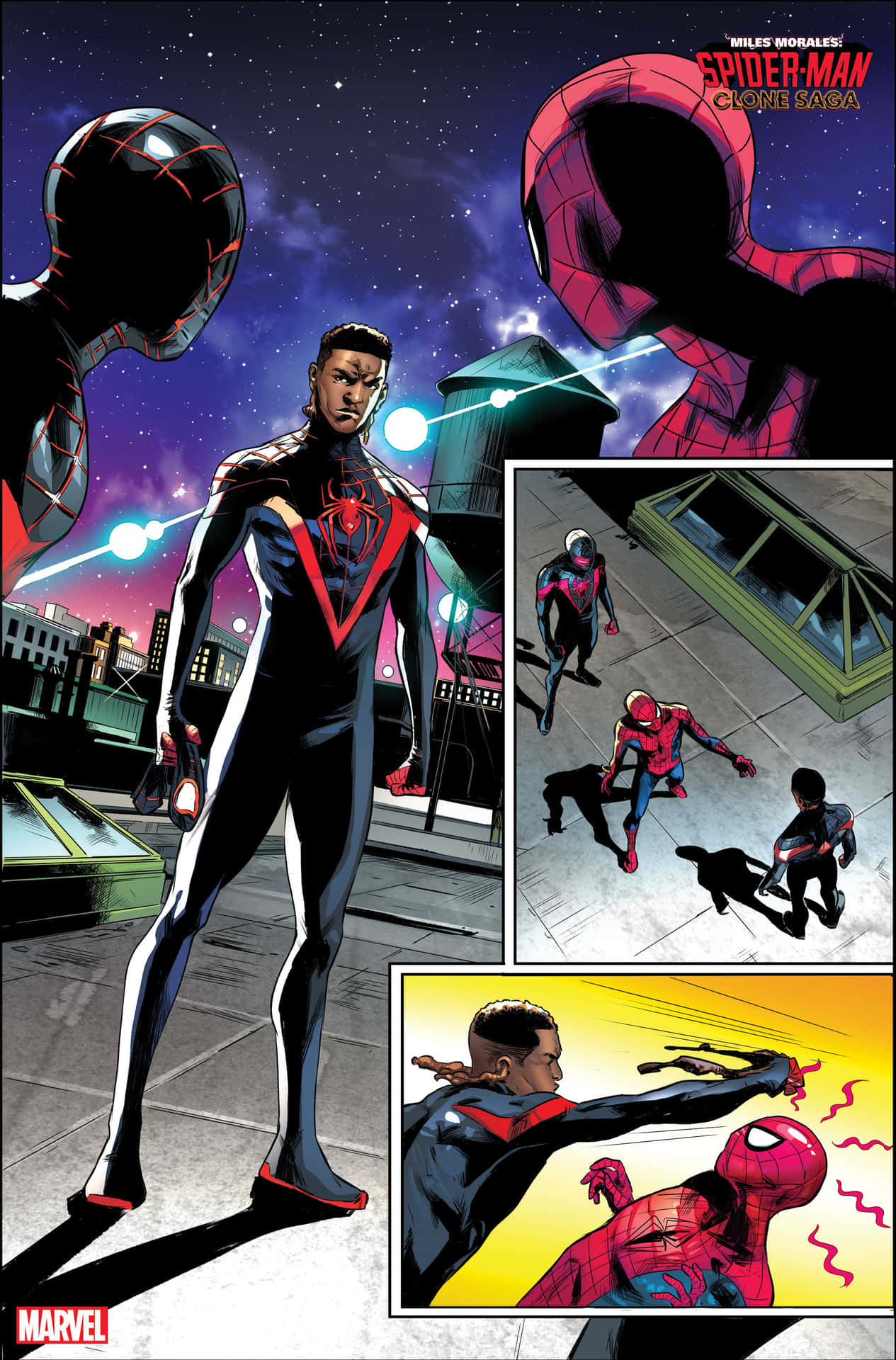  壁紙 — Miles Morales 英雄地站在星空下的屋頂上，多個蜘蛛俠克隆人在動態漫畫格中戰鬥。