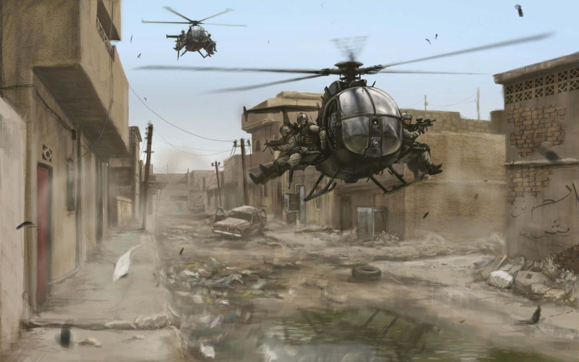 載有士兵的直升機盤旋在毀壞的城市街道上空。