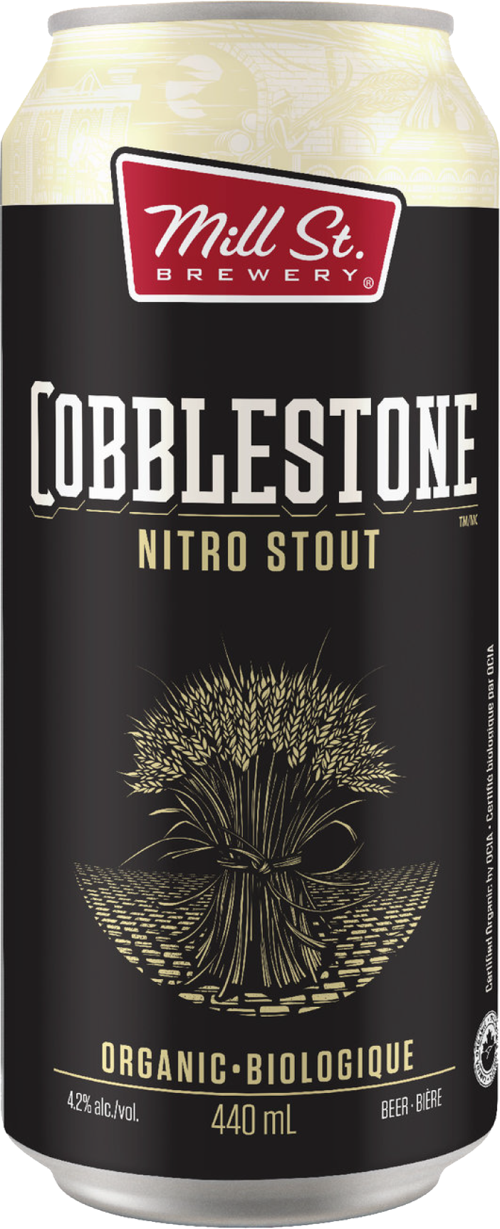 Mill Street Brewery Cobblestone氮氣黑啤酒罐 壁紙 — Mill St. Brewery's Cobblestone Nitro Stout 的時尚黑色罐頭，在簡約背景上呈現金色麥束圖案。