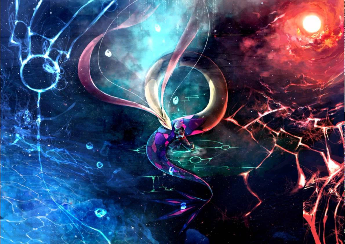 Milotic、Groudon與Kyogre的美學風景 壁紙 — 一個帶有發光翅膀和飄逸頭髮的宇宙動漫人物，在旋轉的藍色和紅色星雲中漂浮，伴隨著一顆光芒四射的太陽。