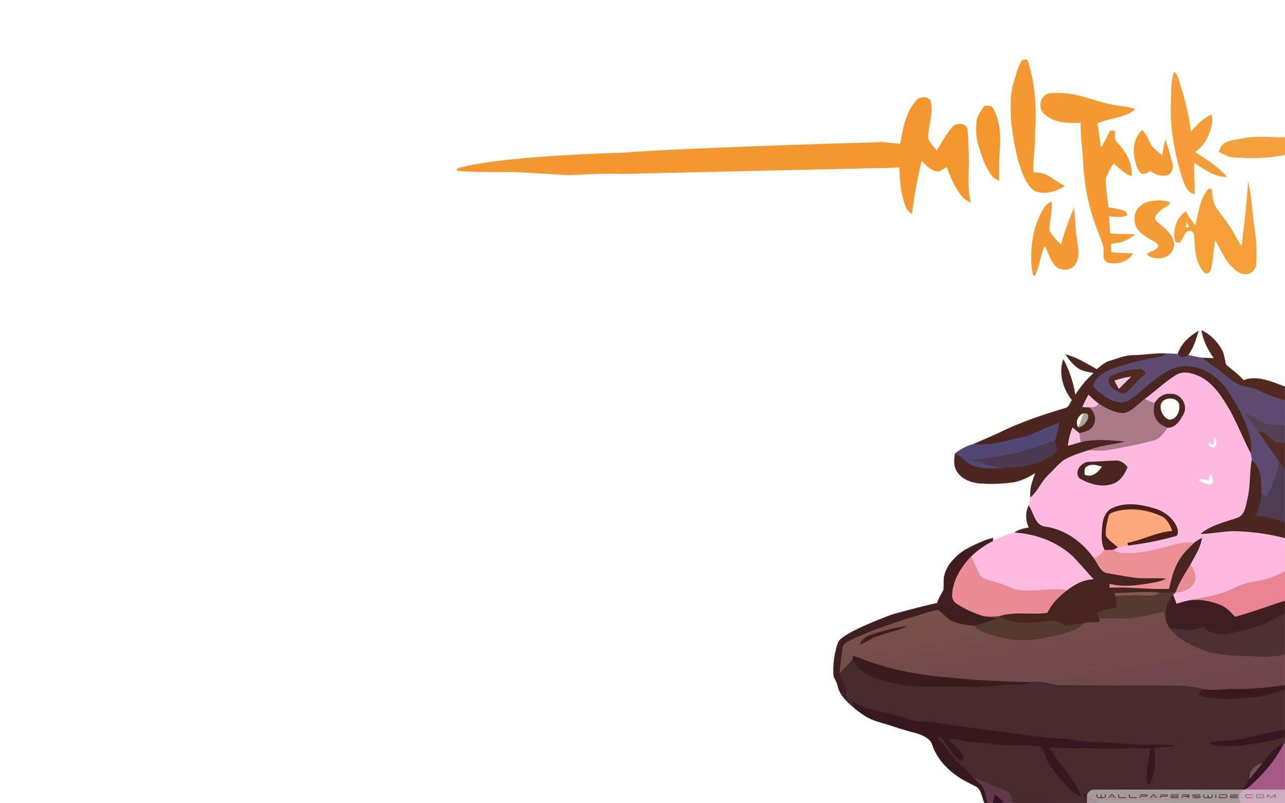 Miltank藝術插畫 壁紙 — 一隻可愛的粉紅色卡通牛，有角和斗篷，坐在岩石上看起來很驚訝，上方有橙色風格化文字。