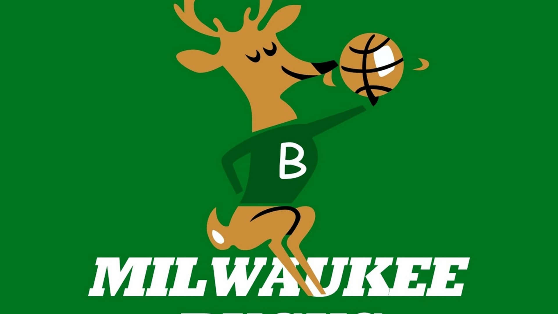 卡通鹿穿著綠色球衣運球，帶有Milwaukee Bucks文字。
