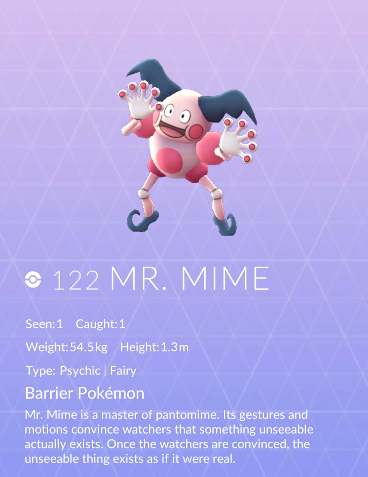 Mr. Mime寶可夢舉起雙臂漂浮在紫色幾何背景上。