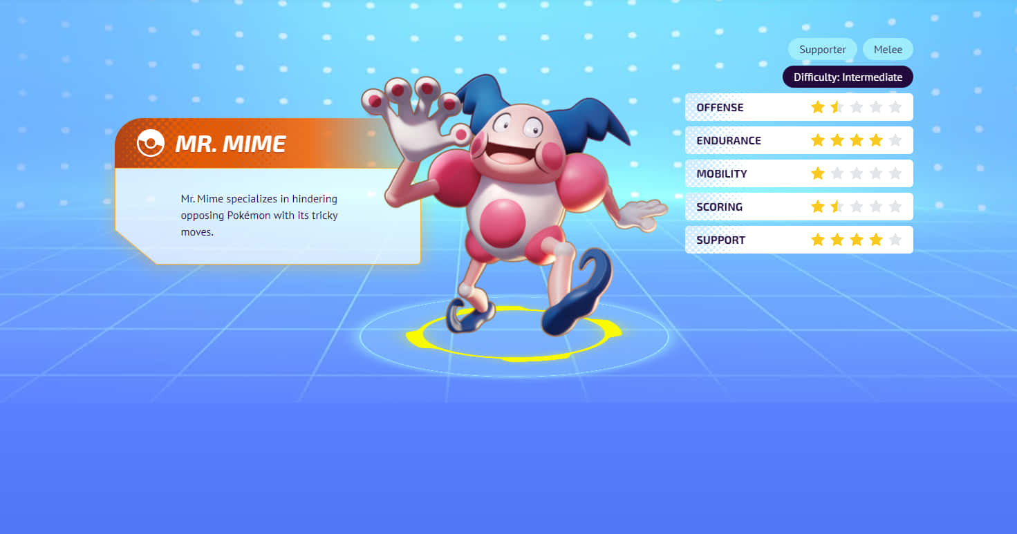 Mr. Mime 寶可夢角色跳舞，螢幕上顯示統計數據。