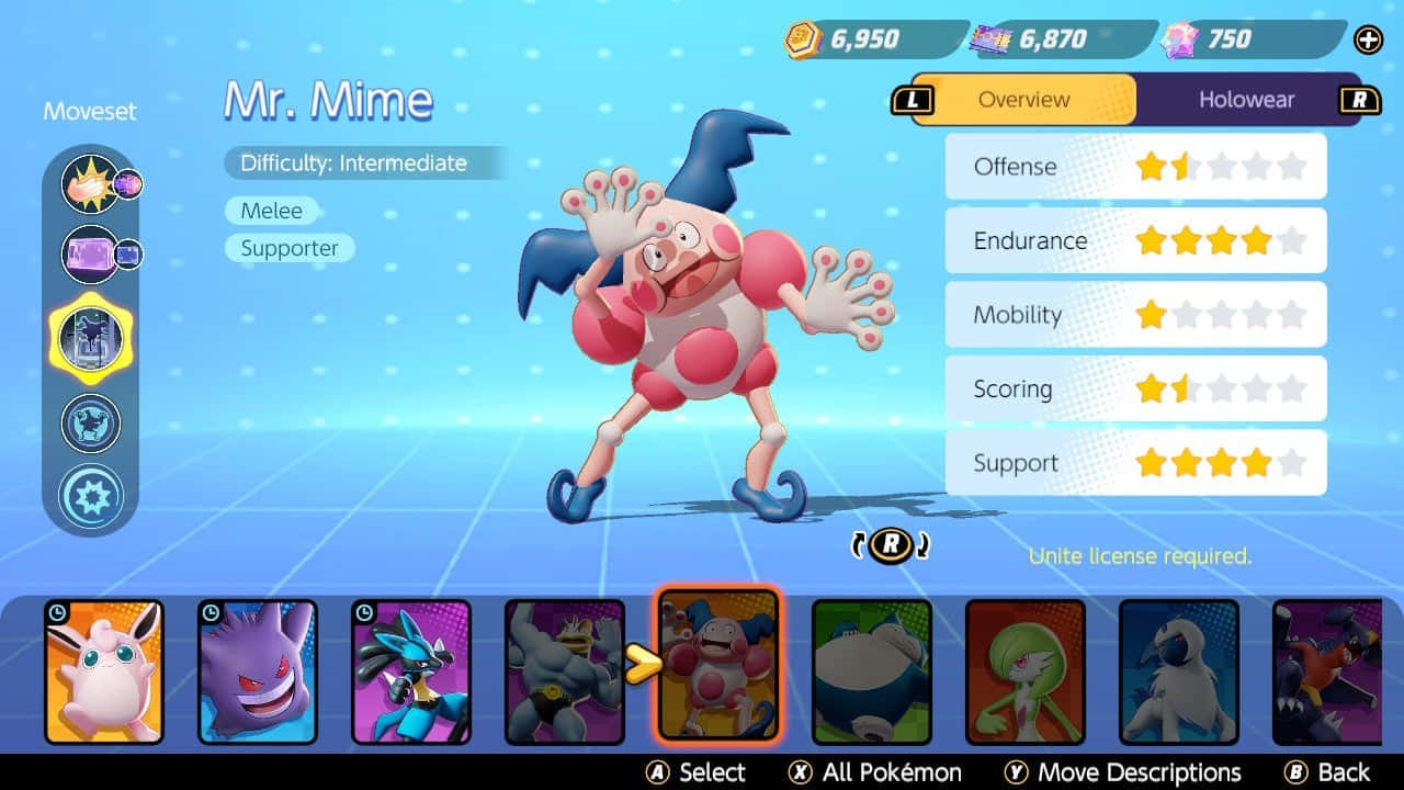 Mr. Mime 喺 Pokémon 遊戲角色選擇畫面，帶有統計數據。